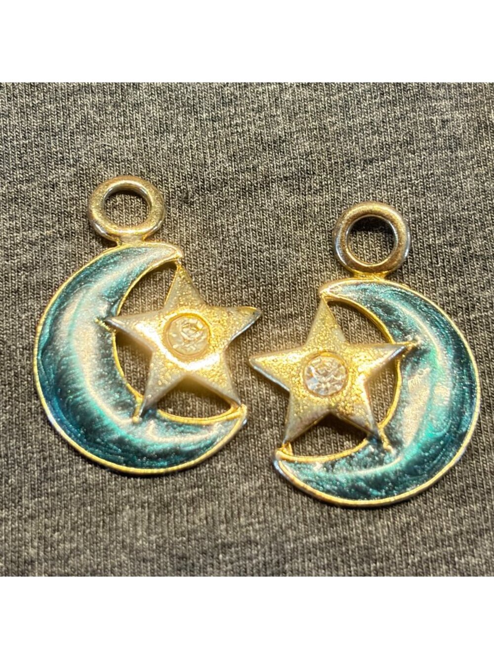 Earring Dangles Gold Tone Teal Enamel Rhinestone Moon Star Celestial Pair 1.25"